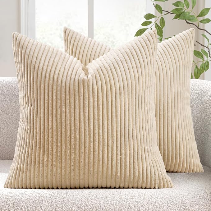 MIULEE Decorative Corduroy Throw Pillow Covers Set of 2 18x18 Beige | Soft Striped Textured Cushion Cases, Boho Square Pillowcases Neutral Home Decor, for Couch Chair Sofa Bed Living Room