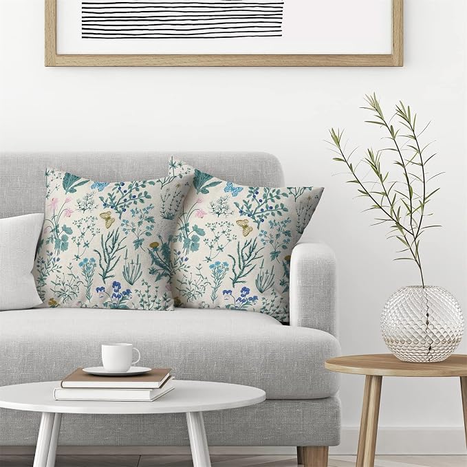 AEIOAE Spring Pillow Covers 22x22 Inch Set of 2,Blue Teal Wild Flower Plant Throw Pillows Case,Seasonal Floral Outdoor Decorative Square Linen Farmhouse Decor Cushion Covers for Home Sofa Bed Couch