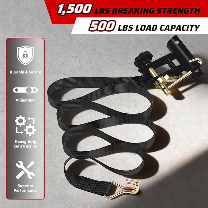 Black Rack Straps with J-Hook (2PK),1.5" x7.5' Ladder Rack Ratchet Straps, 2" Round Tube Mount, Perfect Ladder Rack Tie-Downs for Trailer Cargo Control