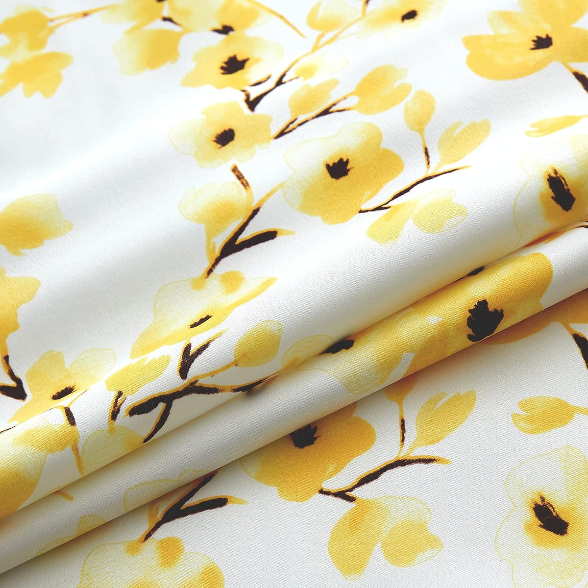 Melodieux Floral Curtains 84 Inches Long for Living Room, Farmhouse Yellow Apricot Flower Print White Decorative Grommet Drapes, 52x84 Inch, 2 Panels