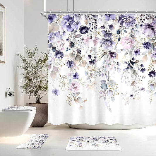 4 PCS Purple Floral Flower Shower Curtain Set 72Wx72H Inch Watercolor Pastel Complete Bathroom Set Non-Slip Bath Rug Toilet Lid Cover and U Shape Mat Accessories 12 Hooks Bathoom Decor