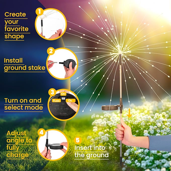 GIGALUMI Garden Decor Outdoor Lights 120LED 6Pack, Solar Garden Lights Outside Fairy Firework Decorative,Solar Powered for Yard Pathway Flowerbed Planter Balcony Patio, Gifts for mom (Warm White
