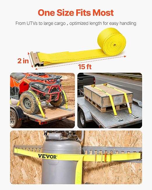 VEVOR E-Track Ratchet Straps, 8 Pack 2" x 15' Heavy Duty Cargo Tie-Downs, 4400 lbs Breaking Strength, Standard E Track Fitting Tie Down, E-Track Spring Fittings for Cargo Vans, Trucks, Trailers