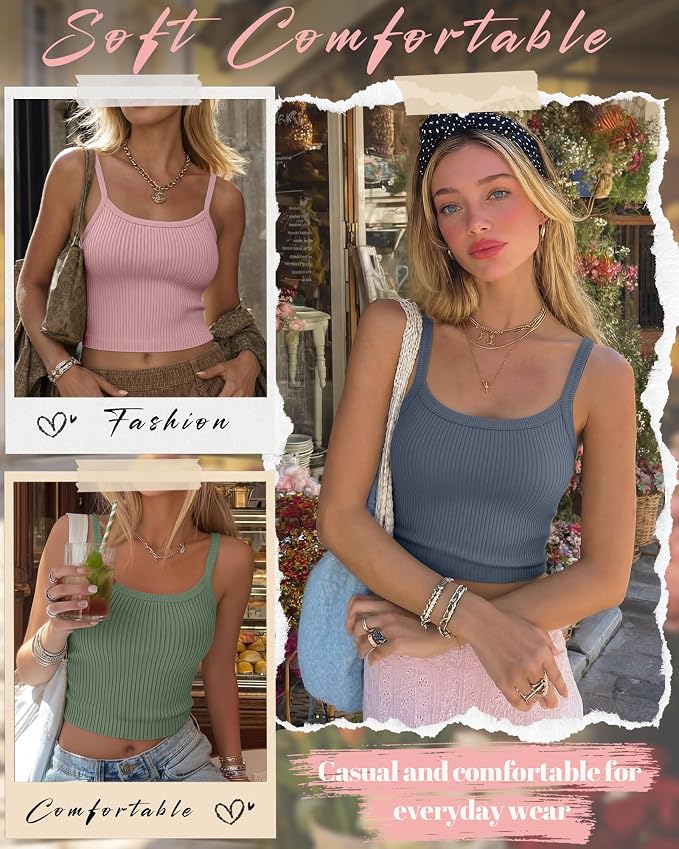 Ficerd 3 Pack Women's Tank Tops 95% Cotton Spaghetti Strap Ribbed Crop Camisole Slim Fitted Basic Summer Sleeveless Layer