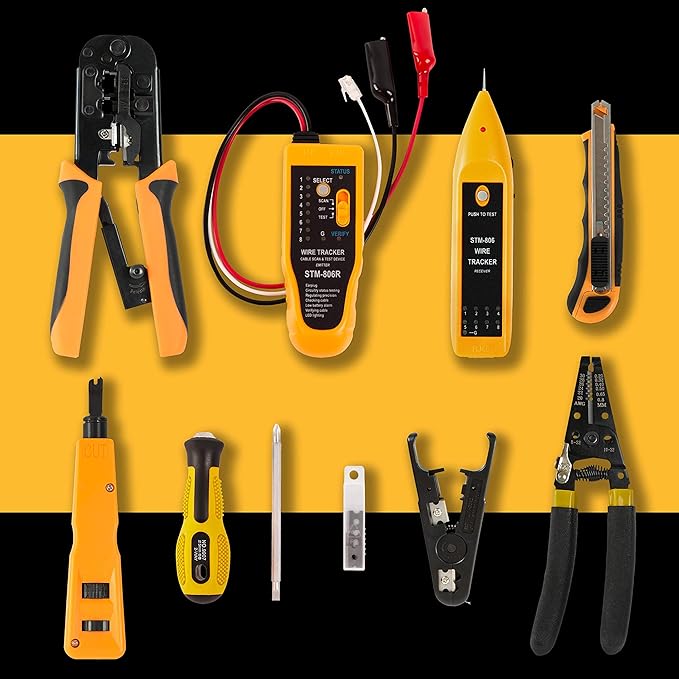 InstallerParts Professional Network Tool Kit 15 In 1 - RJ45 Crimper Tool Cat 5 Cat6 Cable Tester, Gauge Wire Stripper Cutting Twisting Tool, Ethernet Punch Down Tool, Screwdriver, Knife