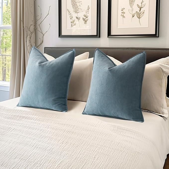MIULEE Pack of 2 Dusty Blue Decorative Chenille Pillow Covers 18x18 Inch | Soft Couch Throw Pillows,Farmhouse Cushion Covers with Elegant Design for Sofa,Bedroom,Living Room,Spring Home Decor