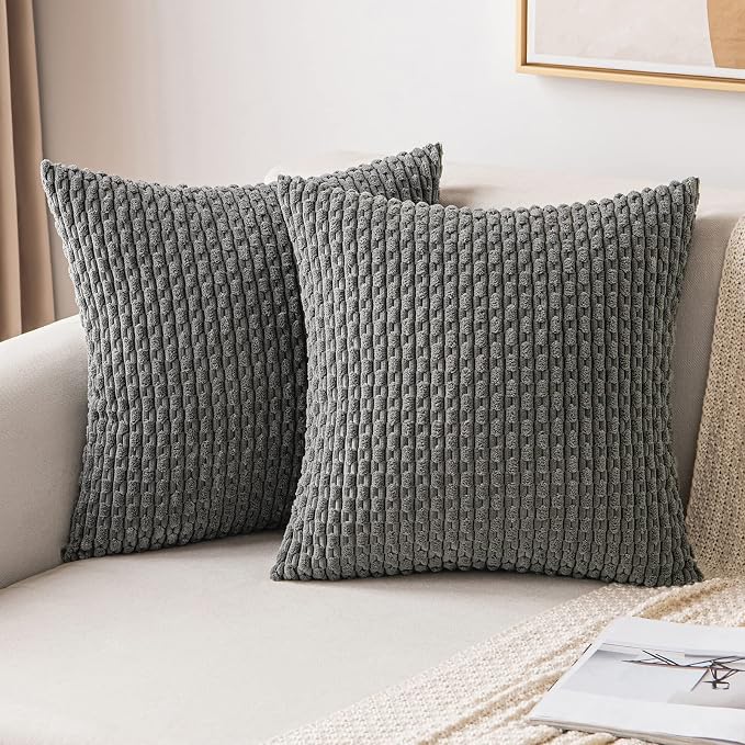 MIULEE Decorative Throw Pillow Covers 18x18 Dark Grey Textured Corduroy | Pack of 2 Striped Pillow Covers Modern Farmhouse Home Decor for Couch Bed Sofa Living Room