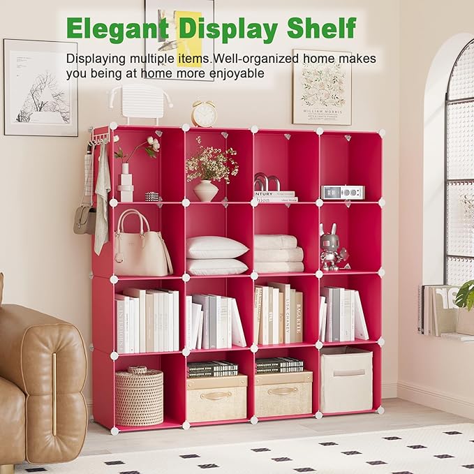 C&AHOME Cube Storage Organizer, 16-Cube Shelves Units, Plastic Storage Cubes, DIY Closet Organizer, Modular Closet Storage Shelves Ideal for Home, Bedroom, 48.4" L × 12.4" W × 48.4" H Red UPCS16R