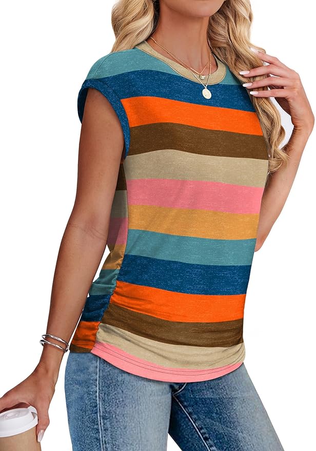Sampeel Womens Summer Tops Trendy 2026 Ruched Cap Short Sleeve Tshirts Shirts Crew Neck T Shirts Fashion