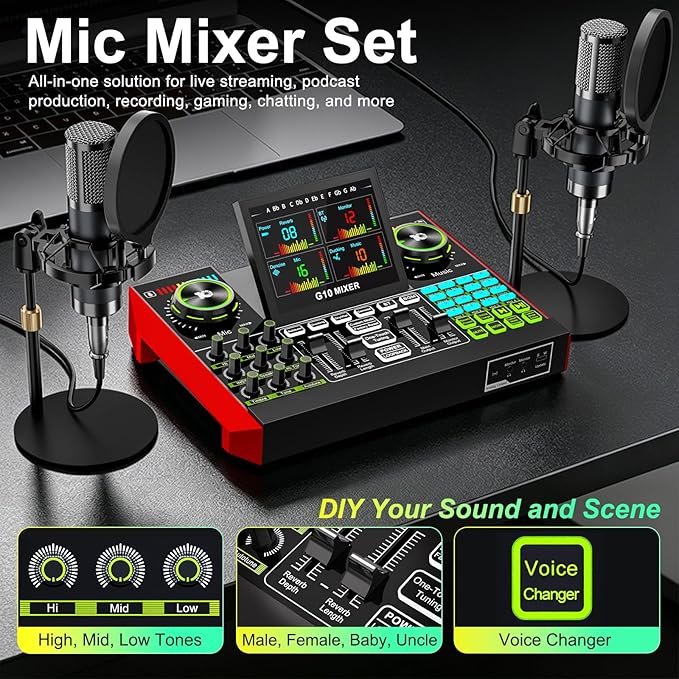 tenlamp G10 Podcast Equipment Bundle for 2 with Live Sound Board Audio Mixer - Two Condenser Mics, Voice Changer, Noise Reduction, for PC/Phone Streaming, Gaming, Singing, Podcast, Recording