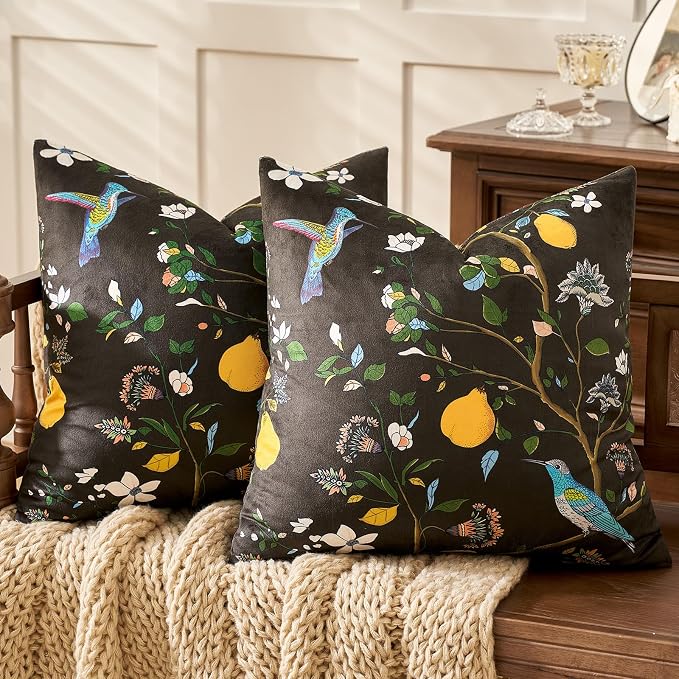 MUSSEL Brown Floral Vintage Decorative Pillow Covers 18x18 Set of 2 | Soft Velvet,Wild Flower Plant,Throw Pillows Case,Square,Colorful Farmhouse Cushion Covers,Home Sofa Bed Couch Decor