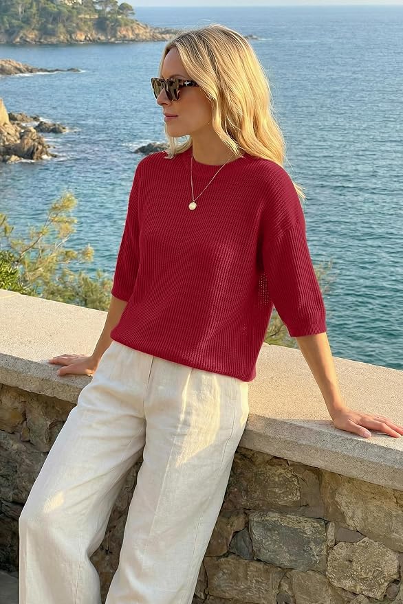 Arach&Cloz Womens Summer 100% Cotton Oversized Crochet Tops 3/4 Length Sleeve Sweater Hollow Out Casual Blouses 2026
