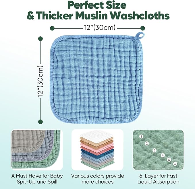 Baby Washcloths 100% Cotton Size is 12x12 inches. Lightweight, Portable, and Ideal for use at Home or on The go. (White & Pink 6 Pieces)