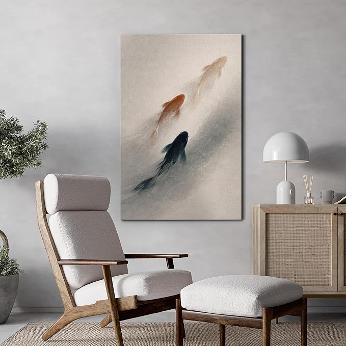 wall26 Canvas Print Wall Art Three Koi Fish Swimming in Misty Water Minimal Photography Realism Rustic Colorful Multicolor for Living Room, Bedroom, Bathroom - 32"x48"