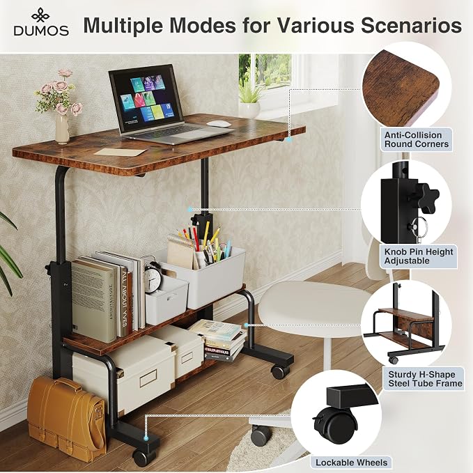 DUMOS Rolling Desk, Storage Shelves, Laptop Table, Home Office | Height Adjustable Design, Computer Desks on Wheels, Portable for Small Spaces Use, White