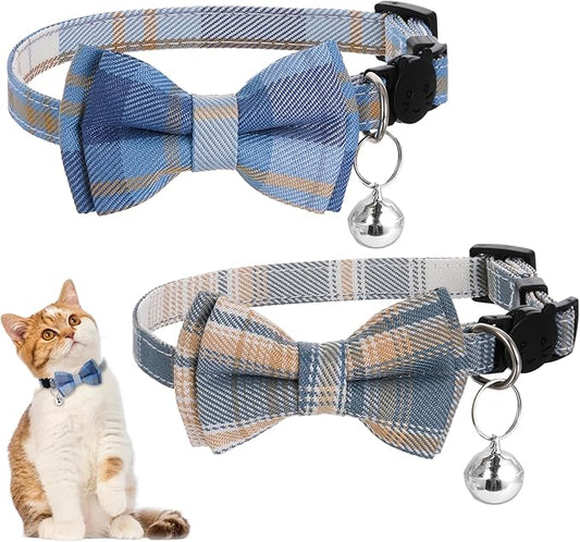 2Pcs Cat Collar Breakaway, Cute Plaid Cats Collar with Bells Soft Adjustable Kitten Accessories, Cat Bowtie Collar with Cat Buckle for Kitten Puppy and Small Pets