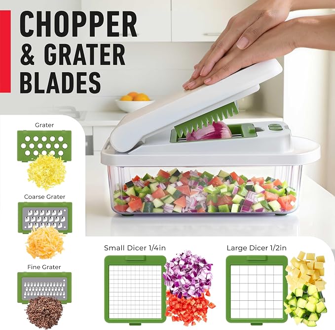 MUELLER HOME Pro-Series 10-in-1 Vegetable Chopper, 8 Blade Onion Mincer | Cutter, Dicer, Fruit Slicer with Container, French Fry Cutter Potato Slicer, Home Essentials, Salad Chopper White Sand/Green