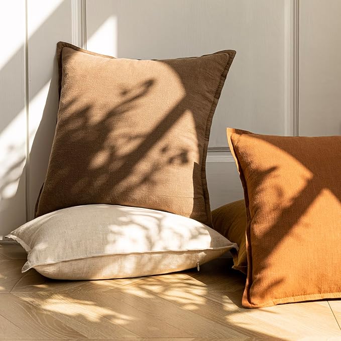 Foindtower Pack of 2, Decorative Linen Solid Throw Pillow Covers Soft Accent Cushion Case Boho Farmhouse Neutral Pillowcase for Chair Couch Sofa Bedroom Living Room Home Decor 18 x 18 Inch Light Brown