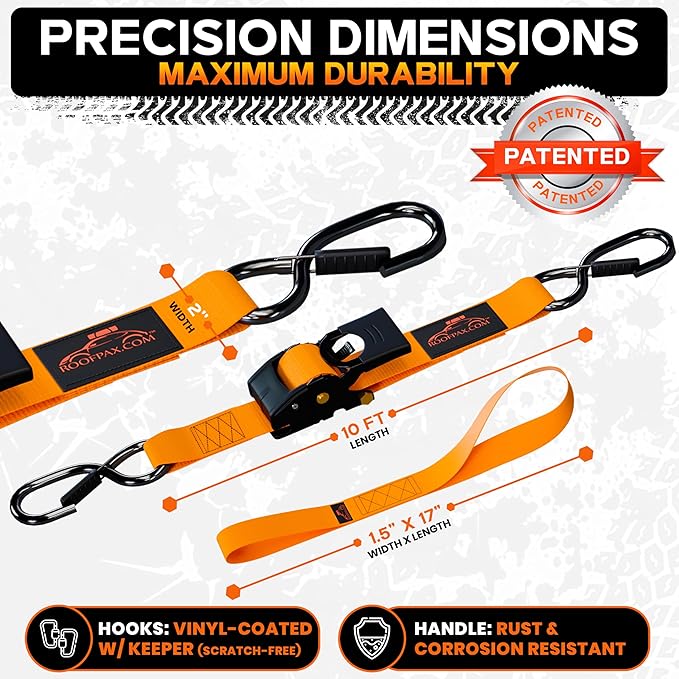 RoofPax Premium 2'' x 10" Retractable Ratchet Straps 4 Pack 3000lbs Break Strength Heavy Duty Auto Self-Retracting Tie Down Straps for Trucks Secure Cargo Tie Downs with 6pcs Bungee Cords