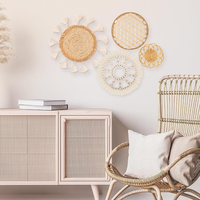 Boho Wall Basket Decor Set of 4 - Flat Woven Basket Wall Hanging Decor,Round Tassels White Macrame Tapestry Wall Decor Art,Handmade Rattan Wicker Seagrass Home Wall Baskets Decor(Wooden Beads Style)