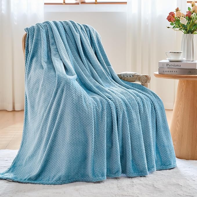 NEWCOSPLAY Fleece Leaves Pattern Queen Blanket, Light Blue, 90"x90" | Super Soft Throw Blanket, Lightweight Cozy Bed Sofa Blanket, Premium Silky Flannel Fleece, Travel Blanket for All Season Use