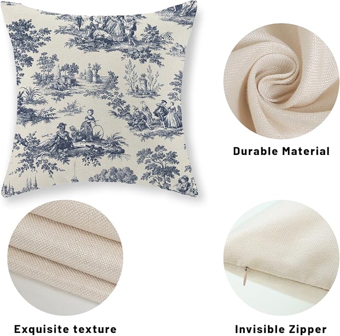 French Country Pillow Covers 18x18 Set of 2 Vintage Toile Blue Throw Pillows French Country Outdoor Decorative Pillowcase Rustic Cottage Decor Linen Farmhouse Cushion Case for Couch Bed Sofa