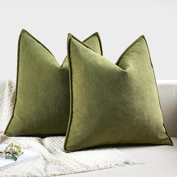 MIULEE Pack of 2 Moss Green Decorative Chenille Pillow Covers 20x20 Inch | Soft Couch Throw Pillows,Farmhouse Cushion Covers with Elegant Design for Sofa,Bedroom,Living Room,Spring Home Decor