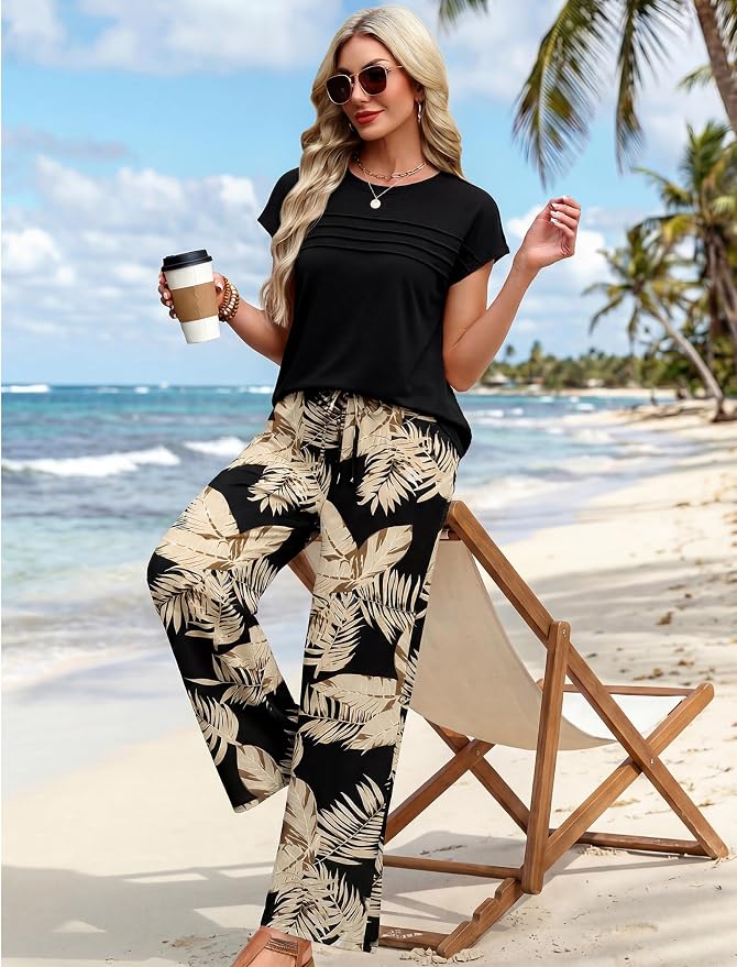 WIHOLL Two Piece Set for Women Summer Spring Outfits Matching Sets Women Clothing Airport Travel Vacation Wide Leg Pants