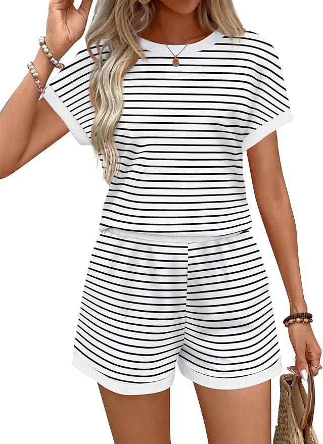 WIHOLL Two Piece Sets for Women Summer Lounge Short Sets Cap Sleeve Crew Neck Sweatsuit with Pocket XS-2XL