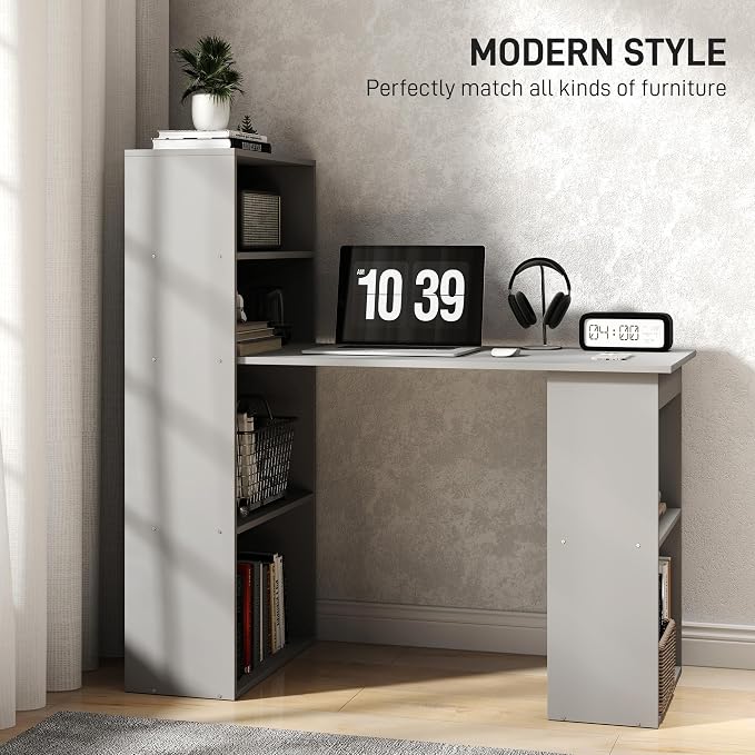 HOMCOM Modern Home Office Desk with 6-Tier Storage Shelves, 47", Gray | Writing Desk, Bookshelf