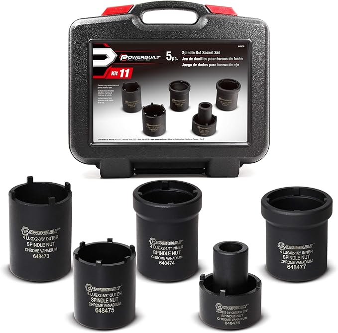 Powerbuilt Spindle Nut Socket Tool Kit, 5 Piece, Remove Spindle Nuts, Various Size Lug Out Spindle Sockets, Size Markings, Storage Case - 648636, Black
