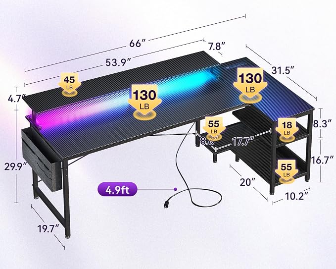 ODK 66 Inch L Shaped Gaming Desk with LED Lights, Power Outlets, Black | Adjustable Monitor Stand, Open Storage Shelves, Hanging Side Bag, PC Tower Stand, Reversible Layout for Gaming