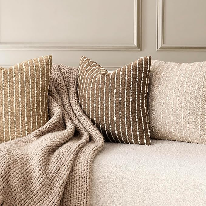 Foindtower Pack of 2 Decorative Jacquard Boucle Throw Pillow Covers Accent Textured Striped Pillowcases Soft Boho Modern Cushion for Couch Sofa Bedroom Living Room Home Decor 20x20 Inch Brown