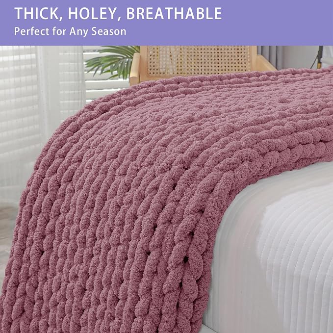 Bigacogo Chunky Knit Throw Blanket for Couch, 40x80 inches, Burnt Rose | Hand Knit with Jumbo Chenille, Soft Breathable Cable Knit for Sofa Bed Living Room, Machine Washable, Gift for Mom Friend