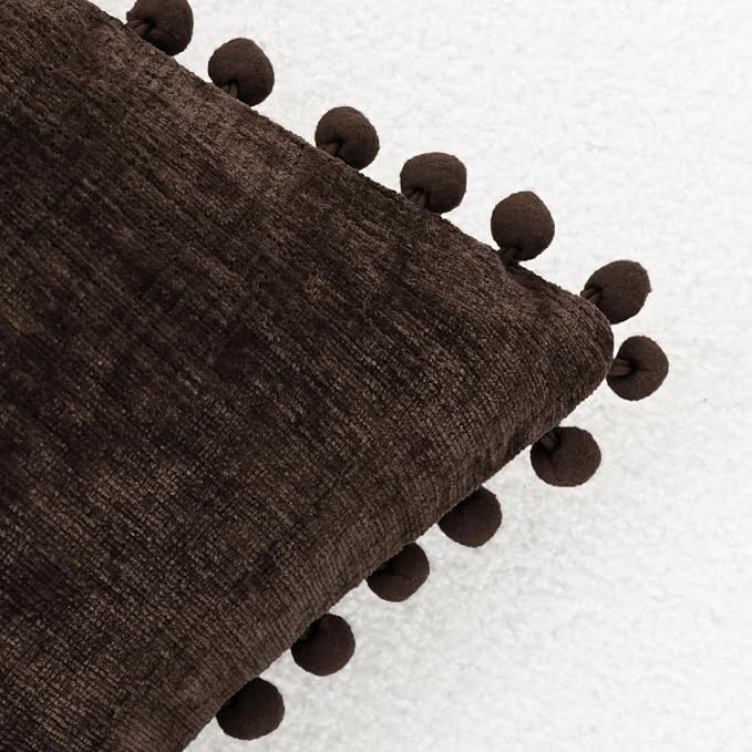 CaliTime Decorative Couch Throw Pillow Covers 16 X 16 Inches Coffee | Pack of 2, Cozy Chenille Cushion Cases, with Pom Poms for Sofa Bed Living Room Farmhouse Home