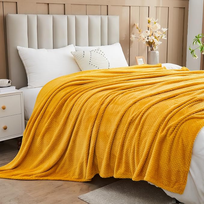NEWCOSPLAY Fleece Leaves Pattern Throw Blanket, Mustard Yellow, 50"x60" | Super Soft Throw Blanket, Lightweight Cozy Bed Sofa Blanket, Premium Silky Flannel Fleece, Travel Blanket for All Season Use
