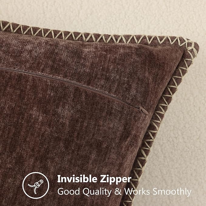 decorUhome Soft Chenille Throw Pillow Covers 22x22 Set of 2 Chocolate | Fall Textured Decorative Throw Pillow Cases Stitched Edge Modern Farmhouse Luxury Boho Velvet for Couch Sofa Bed Home Decor