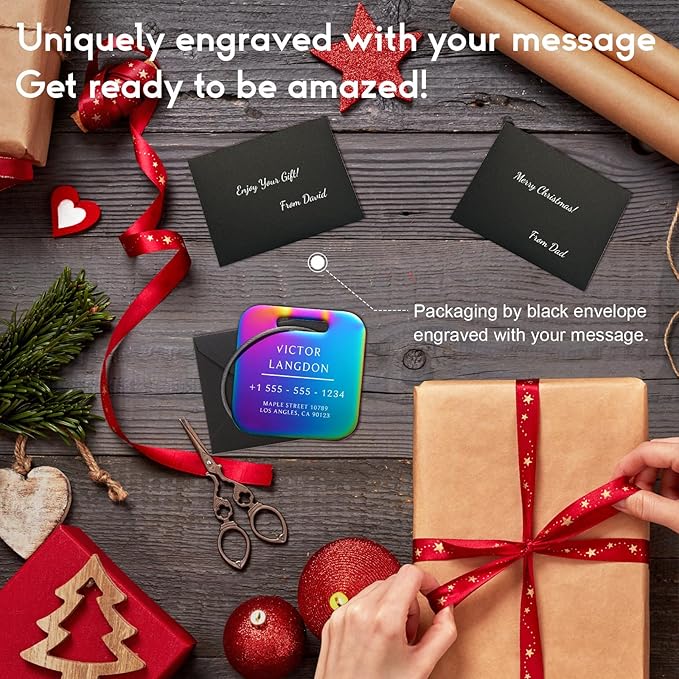 Stainless Luggage Tags for Suitcases 4 Pack: Metal Personalized Luggage Tags for Backpacks & Bags with Customizable Texts (Rainbow)