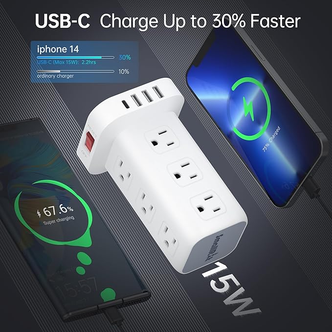 16.5FT Long Extension Cord,Power Strip Tower Surge Protector Power Strip with USB 12 Outlets with 4 USB Ports (1 USB C), Flat Plug Multi Plug Outlet Extender Overload Protection for Home Office