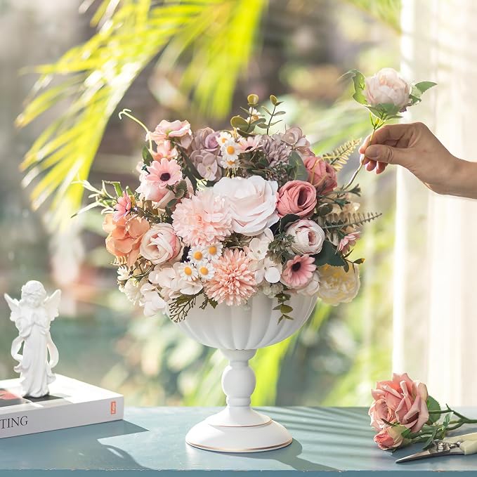 Sziqiqi White Urn Vase for Centrepieces, Wedding Compote Vase, 10Pcs | 7.9in Tall Metal Flower Arrangements, Vase for Centrepieces Floral Planter, Decorative Footed Bowl, For Party, Event
