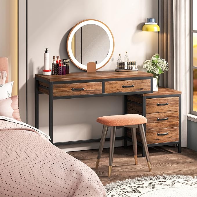 Tribesigns Computer Desk with 5 Drawers, Reversible Home Office Desks | Small Desk with Drawer Cabinet Printer Stand, PC Desk with Storage, Rustic Study Writing Table Workstation for Small Spaces