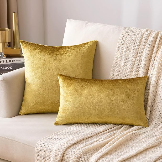 MIULEE 12x20 Inch Lumbar Velvet Throw Pillow Covers Golden | Pack of 2 Soft Solid Decorative Pillow Covers, Modern Luxury Home Decor, for Chair Couch Sofa Bedroom Livingroom