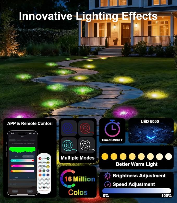100Ft RGB Ground Lights Outdoor LED Pathway Lights, Multi Color Changing Christmas Decor Waterproof Walkway Lighting for Outside Garden Back Yard Lawn Driveway Patio Landscape Lighting, Smart Control