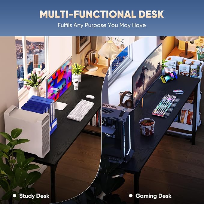 DUMOS 63 Inch Small Computer Desk, Gaming Desks for Home Office Bedroom | Modern Study Writing Work Table, Craft PC Desk Simple Workstation with Reinforcement Structure, Black