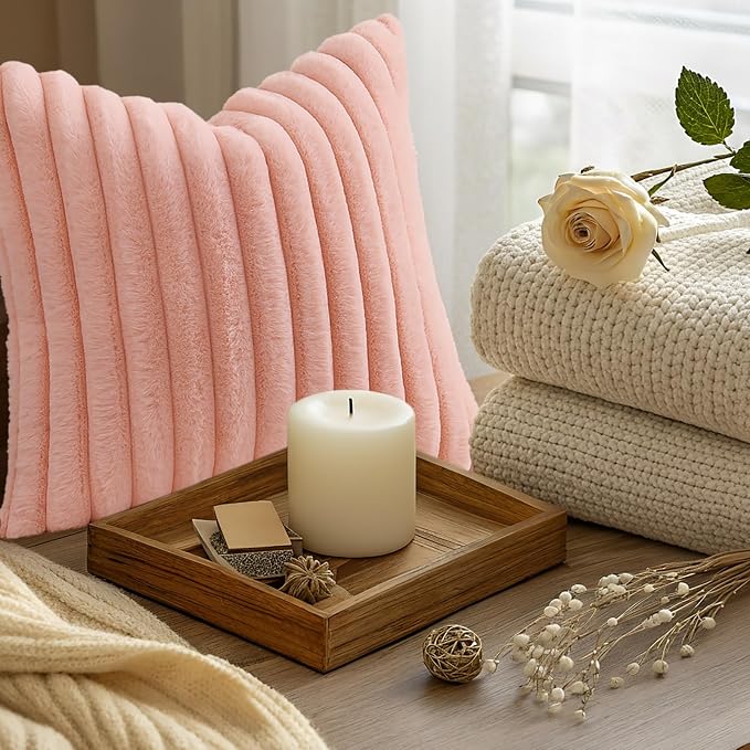 decorUhome Fall Faux Fur Throw Pillow Covers 16x16 Set of 2 Blush Pink | Decorative Soft Cozy Striped Plush Modern Farmhouse Boho Couch Pillow Cases Velvet Back for Sofa Bed Living Room Home Decor