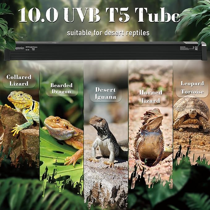 T5 Reptile UVB Light 34.5 Inches Fixture with UVB 10.0 Bulb High Output Hood for Terrariums, Basking Reptiles, Lizards, Chameleons, Iguanas, Bearded Dragons, 39W