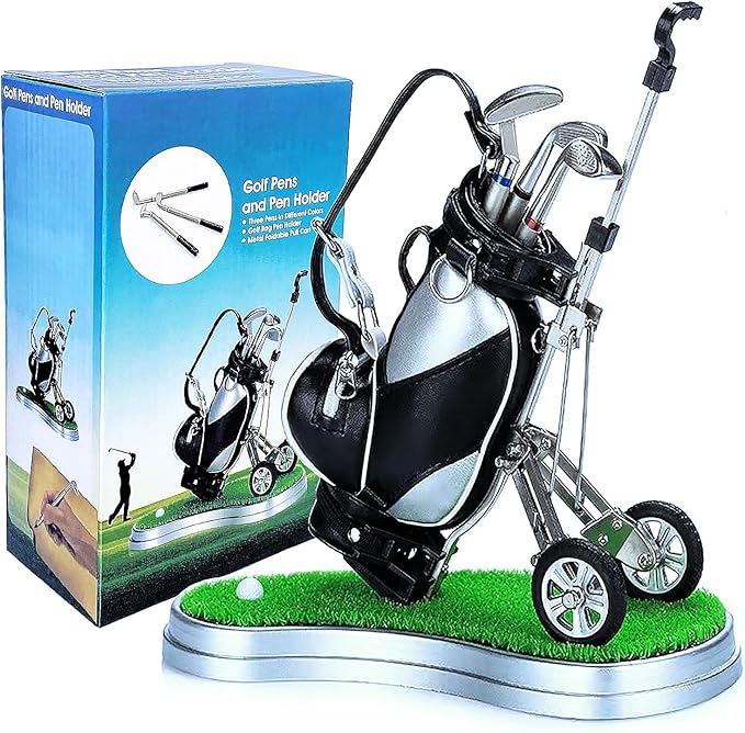 Golf Pen Holder with 3 Club Pens and Movable Golf Cart, Mini Golf Bag Desk Decor for Office, Funny Golf Gifts for Men, Dad, Boss - Stocking Stuffers for Golfers on Birthday, Christmas, Fathers Day