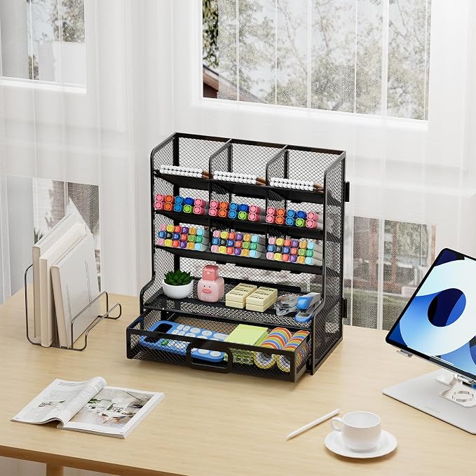 Marbrasse Larger Mesh Desk Organizer with Drawer, Multi-Functional Pen Pencil Holder, Easy Assembly, Desk Organizers and Accessories for Office Art Supplies (Black)