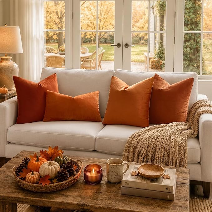 MIULEE Velvet Fall Throw Pillow Covers 12x12 Inch Pack of 2 Orange | Soft Solid Small Decorative Pillow Covers, Modern Luxury Home Decor, for Couch Chair Sofa Bedroom Livingroom Car