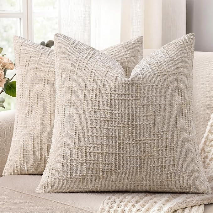 decorUhome Textured Chenille Throw Pillow Covers 16x16 Set of 2 Ivory | Fall Modern Farmhouse Soft Cozy Slubby Couch Pillow Cases Boho Decorative Pillow Cases for Bed Sofa Living Room Home Decor